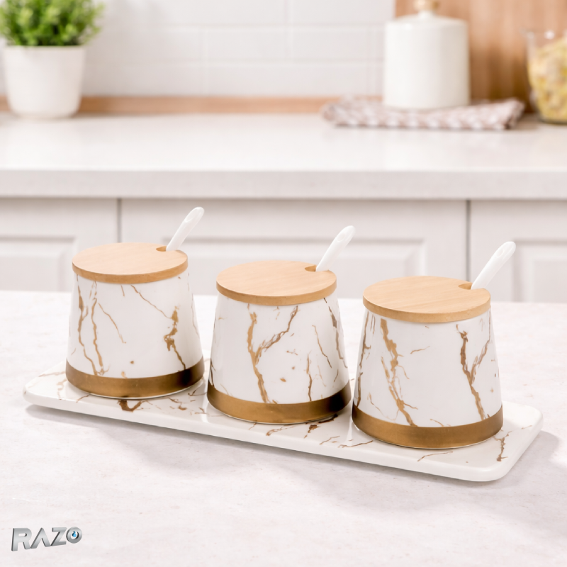 Set 3 recipiente condimente portelan Marble RAZO, Capace bambus, Lingurite, Tava suport, Design marble, Elegante