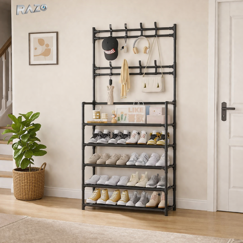 Cuier haine cu suport pantofi 5 rafturi RAZO, Design modern, Organizator multifunctional pentru hol, 80x171x28 cm, Negru