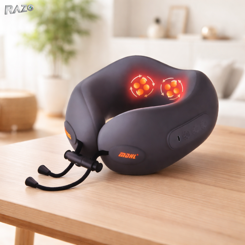 Perna masaj cervical electrica 5D RAZO, Incalzire, Wireless, pentru gat, umeri, Relaxare musculara, Gri