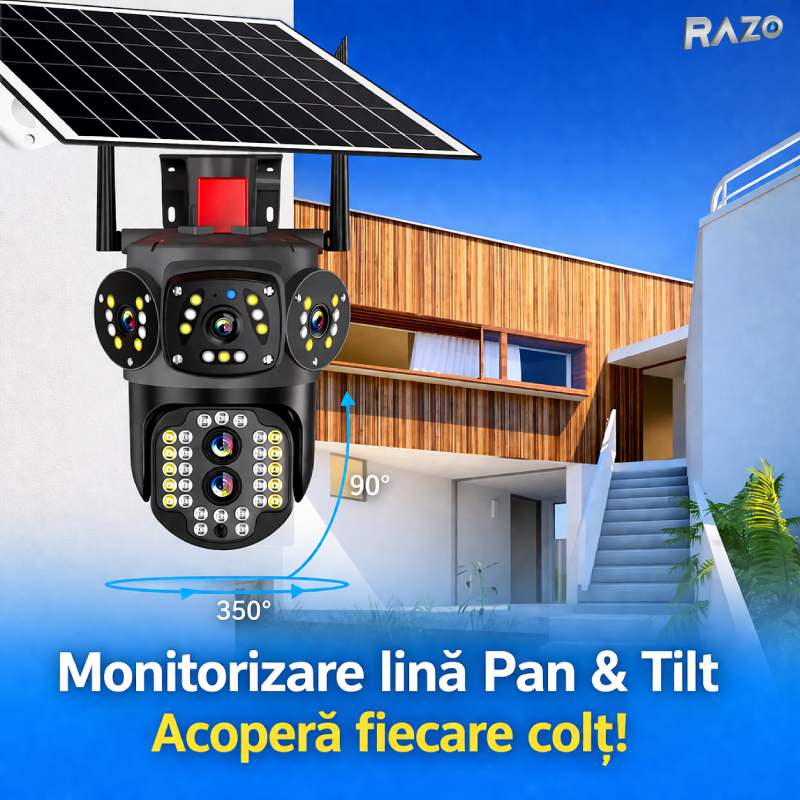 Camera supraveghere solara PRO 6MP RAZO, 4G, Baterie reincarcabila, Vedere nocturna color, Detectie miscare, Tracking uman, Audio bidirectional, Panou solar, IP66
