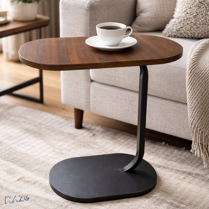 Masa laterala ovala de cafea tip C RAZO, Blat maro, Cadru metalic, Multifunctionala pentru living, dormitor, 61x47x30 cm, Maro