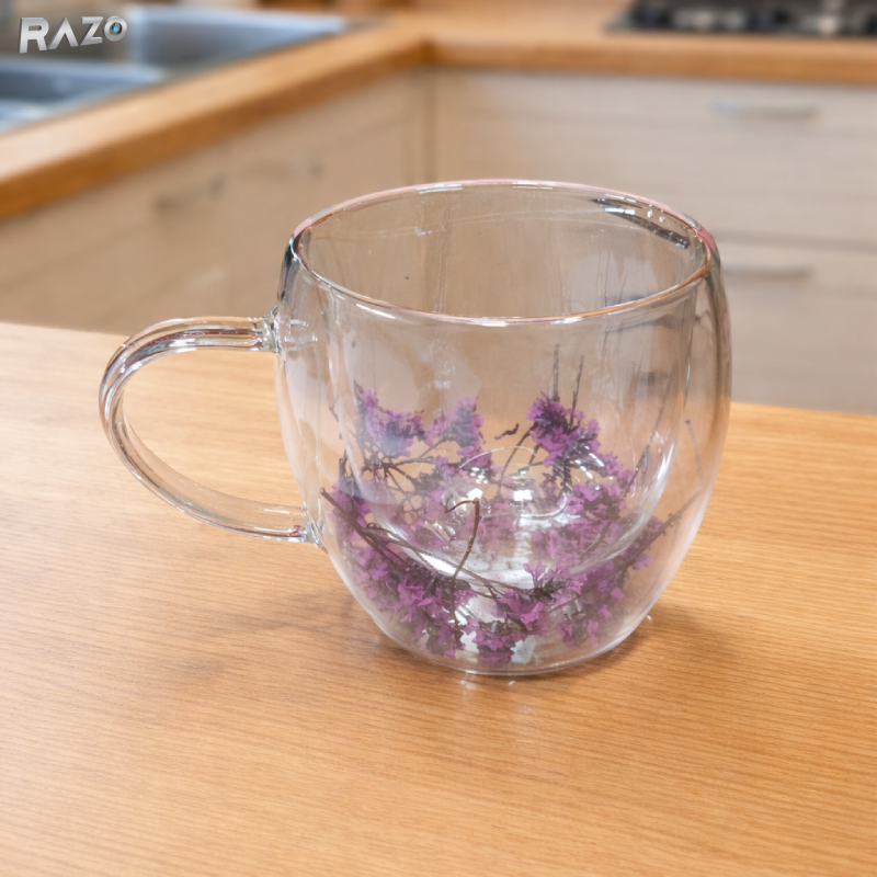 Set 4 cani sticla pereti dubli Purple 250 ml RAZO, Flori uscate naturale, Design elegant decorativ, Flori mov