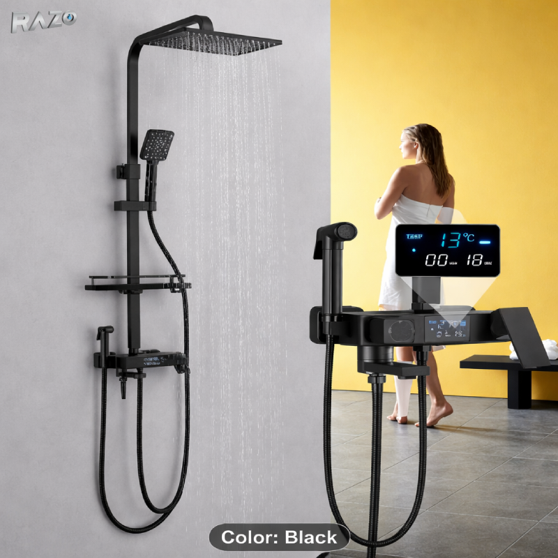 Set dus premium negru afisaj digital RAZO, 4 functii, LED, Para dus si cap tip ploaie, Control temperatura, Negru