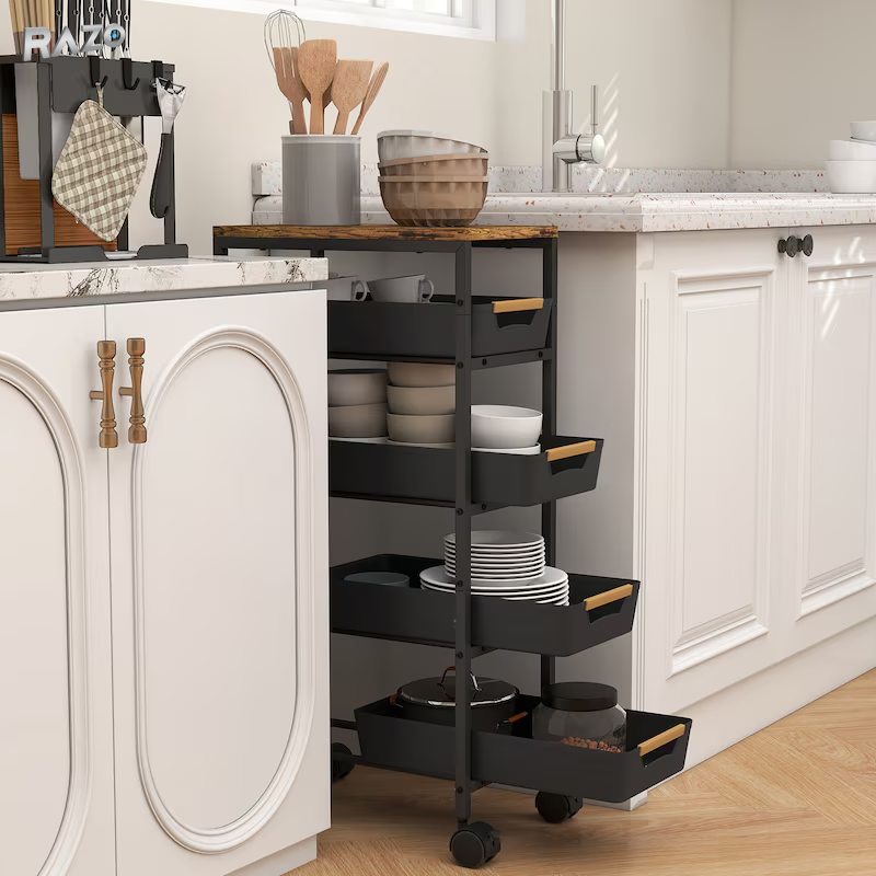 Carucior depozitare bucatarie cu blat lemn RAZO, 5 polite, 4 roti, Organizator multifunctional, Dimensiuni 84x40x26 cm