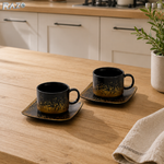 Set 2 cesti cu 2 farfurii din portelan RAZO, 180 ml, Design elegant, Set premium, Servire rafinat, Negru-Auriu