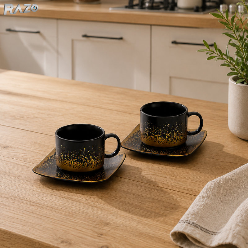 Set 2 cesti cu 2 farfurii din portelan RAZO, 180 ml, Design elegant, Set premium, Servire rafinat, Negru-Auriu