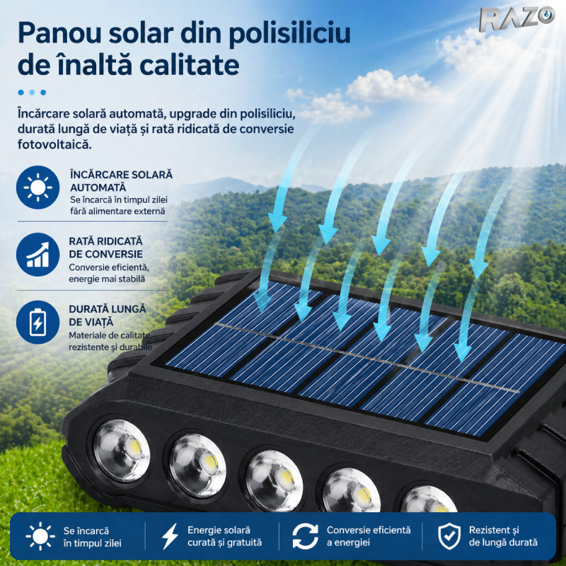 Set 2 lampi solare LED de perete cu iluminare dubla RAZO, Senzor zi-noapte, Iluminare sus-jos, Efect decorativ modern, Alimentare solara fara cabluri, Pornire automata, Design compact, Rezistent la apa