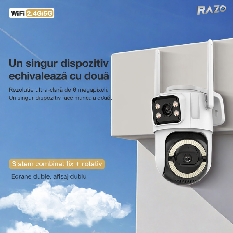 Camera supraveghere IP66 WiFi 6MP RAZO, Exterior interior, Vedere nocturna color, Detectie miscare, Tracking uman, Audio bidirectional, Rezistenta, Monitorizare telefon