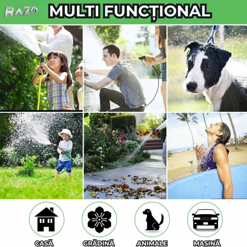 Furtun gradina extensibil 30 metri cu pistol pulverizare RAZO, Multifunctional, Extindere automata si contractare, Material rezistent flexibil, Usor de manevrat, Verde