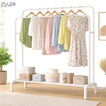 Suport metalic dublu pentru umerase RAZO, 2 bare pentru haine, 1 raft inferior, Capacitate 48 kg, Design modern pentru dormitor, dressing, 120x45x160 cm, Alb