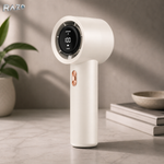 Ventilator mini turbo portabil RAZO, Reincarcabil, Compact, Afisaj digital, Flux de aer puternic, Racire rapida, Design modern, Silentios, Cream