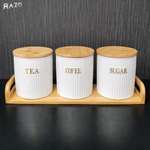 Set 3 recipiente din portelan Baroque RAZO, Capace bambus, Tava inclusa, Design baroque, Elegante