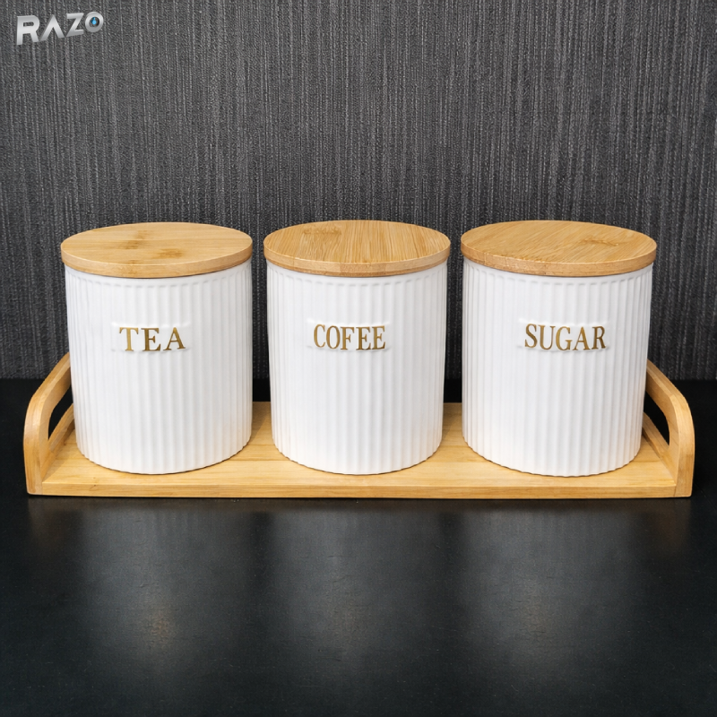 Set 3 recipiente din portelan Baroque RAZO, Capace bambus, Tava inclusa, Design baroque, Elegante