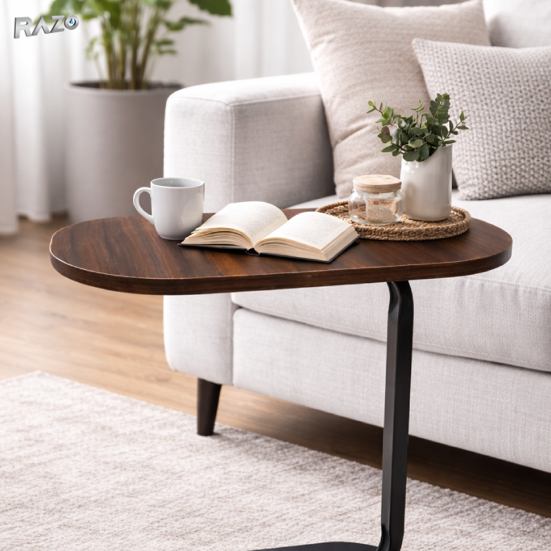 Masa laterala ovala de cafea tip C RAZO, Blat maro, Cadru metalic, Multifunctionala pentru living, dormitor, 61x47x30 cm, Maro