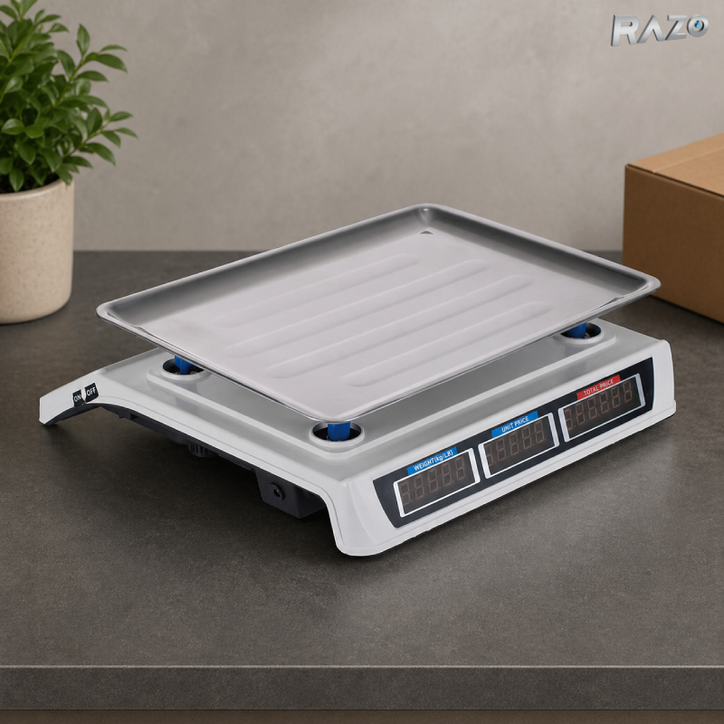 Cantar electronic 40kg RAZO, Afisaj LED, Functie calcul pret, Cantarire precisa, Platforma inox rezistenta, Afisaj dublu pentru greutate pret si total