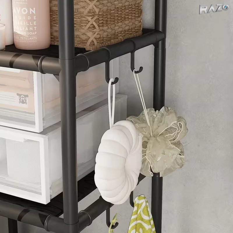 Suport organizator masina de spalat RAZO, 5 niveluri, Metal, Raft depozitare baie, Capacitate 50kg, 160x106x25 cm, Negru
