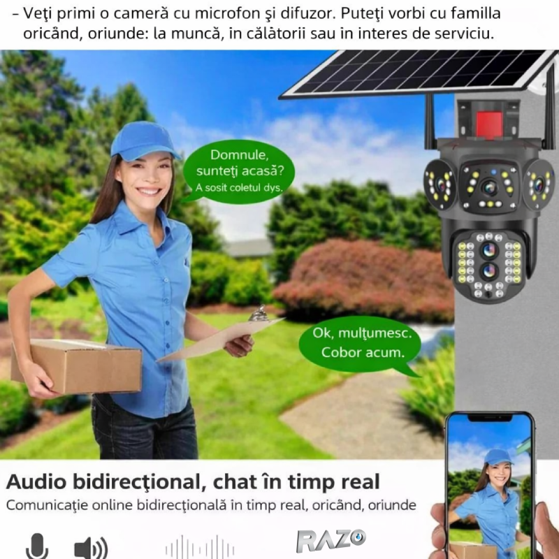 Camera supraveghere solara PRO 6MP RAZO, 4G, Baterie reincarcabila, Vedere nocturna color, Detectie miscare, Tracking uman, Audio bidirectional, Panou solar, IP66