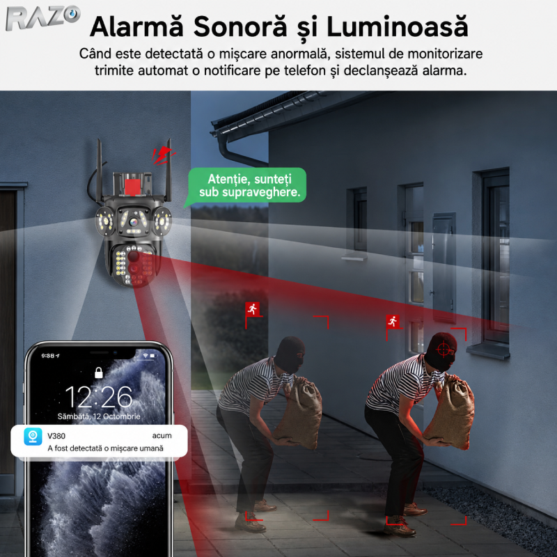 Camera supraveghere 4K Wireless IP66 RAZO, Rotire automata, Zoom 10X, Monitorizare inteligenta, 3 lentile, Detectie umana, Auto tracking, Vedere nocturna color, Audio bidirectional, Alarma