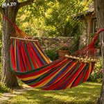 Hamac din bumbac cu distantiere lemn RAZO, Confortabil, Stabil, Bumbac respirabil, Portabil, Usor de montat, Design rustic multicolor, 190x100 cm
