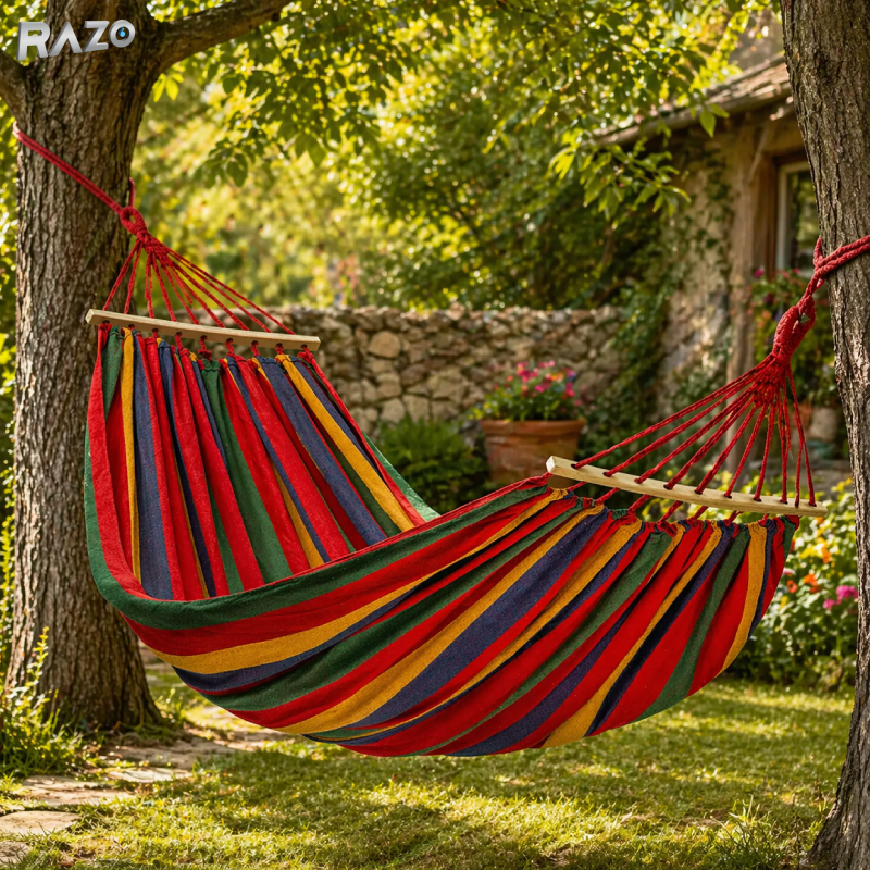 Hamac din bumbac cu distantiere lemn RAZO, Confortabil, Stabil, Bumbac respirabil, Portabil, Usor de montat, Design rustic multicolor, 190x100 cm