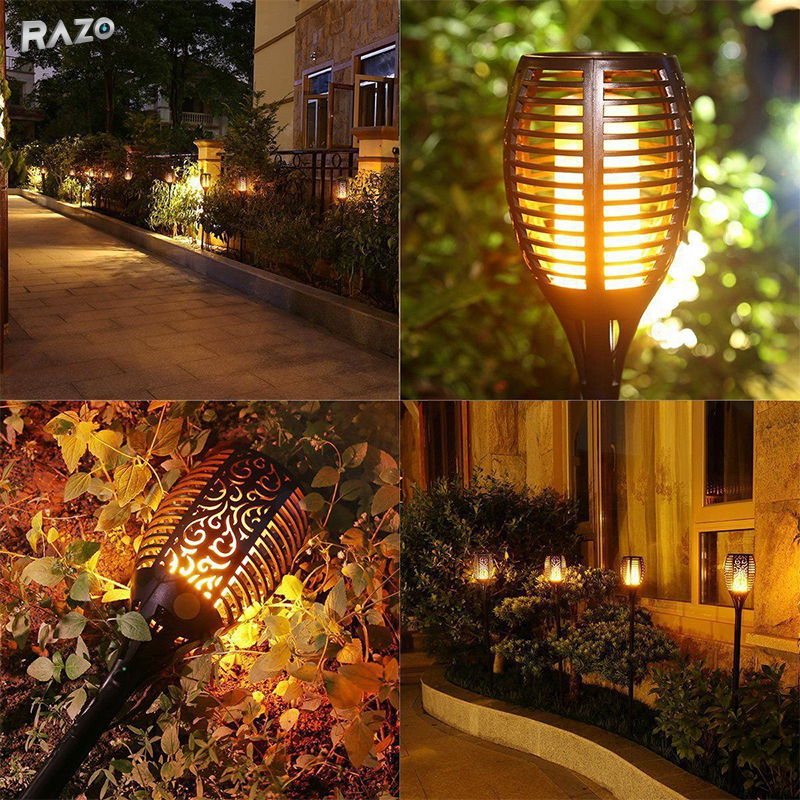 Set 4 lampi solare LED tip flacara RAZO, Iluminat decorativ exterior, Senzor lumina, IP65, Energie solara, 51,5x10x10 cm