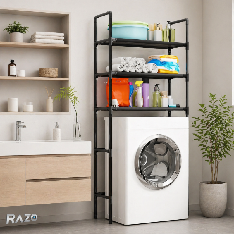 Suport organizator masina de spalat cu raft depozitare 3 nivele RAZO, Economisire spatiu, Organizare eficienta, Cadru metalic rezistent, Polite durabile, Design modern, Negru
