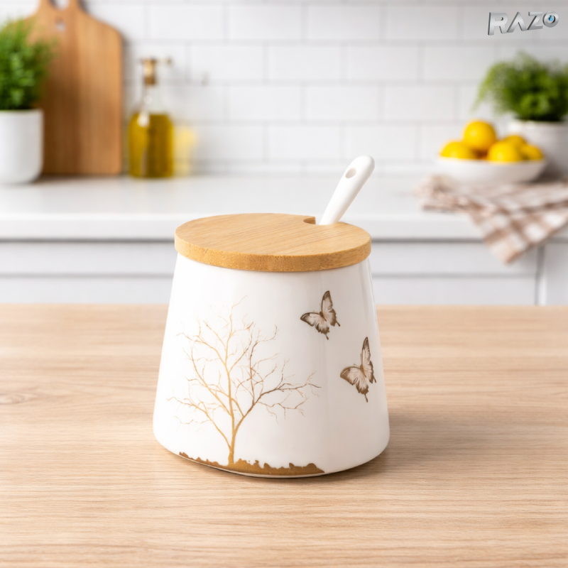 Set 3 recipiente condimente portelan Lifetree RAZO, Capace bambus, Lingurite, Tava suport, Design lifetree, Elegante