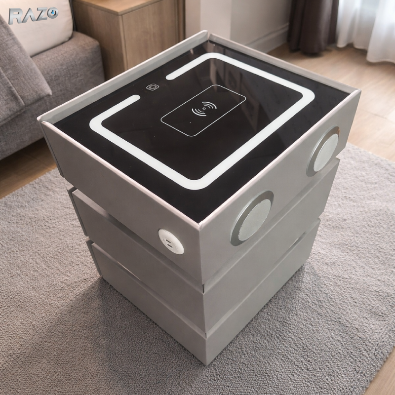 Noptiera RAZO inteligenta multifunctionala cu LED, Incarcare wireless, Bluetooth, 3 sertare, Design modern, Gri deschis