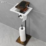 Suport hartie igienica cu spatiu depozitare reviste RAZO, 2 blaturi MDF, Multifunctional, Structura metalica rezistenta, Design modern, Suport pentru role hartie, 24x20x73 cm