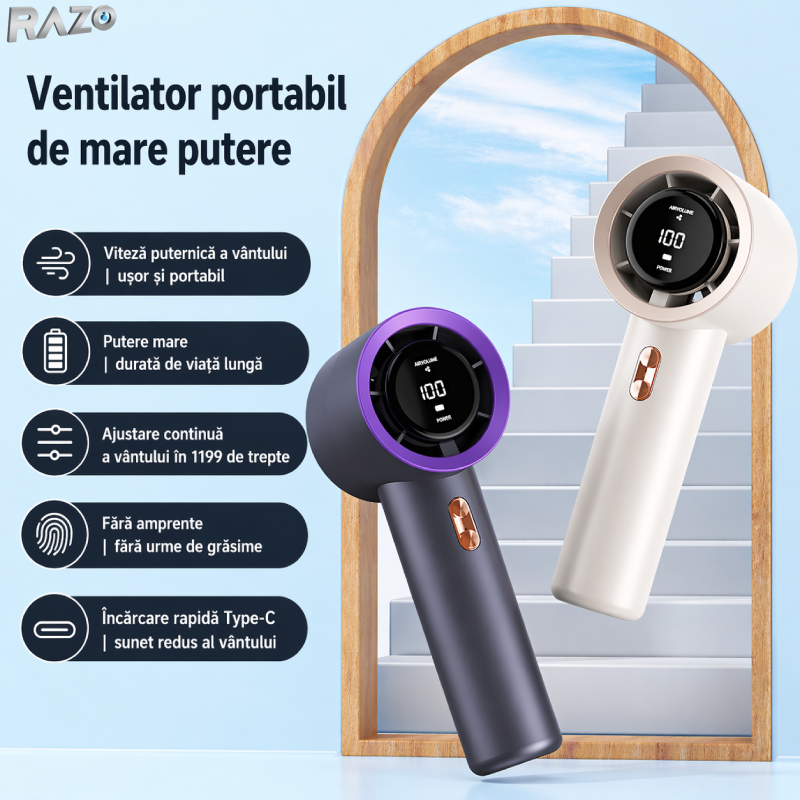 Ventilator mini turbo portabil RAZO, Reincarcabil, Compact, Afisaj digital, Flux de aer puternic, Racire rapida, Design modern, Silentios, Mov