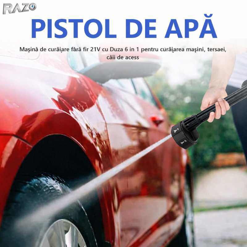 Pistol de spalat portabil cu presiune RAZO, Jet apa puternic, Functie spumare, Acumulatori reincarcabili, Multifunctional