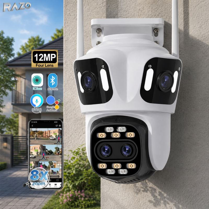 Camera supraveghere WiFi 360 RAZO, Multi lentila cu AI detectie, Night vision color, Monitorizare completa, Vizualizare live pe telefon, Detectie persoane, Tracking automat, Notificari instant, Audio bidirectional, Alarma integrata