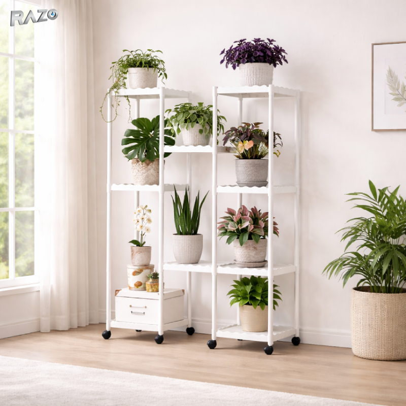 Raft flori triplu RAZO, Suport plante 3 nivele, Metal, 8 roti, Organizator decorativ interior, exterior, 99x82.5x27.5 cm, Alb