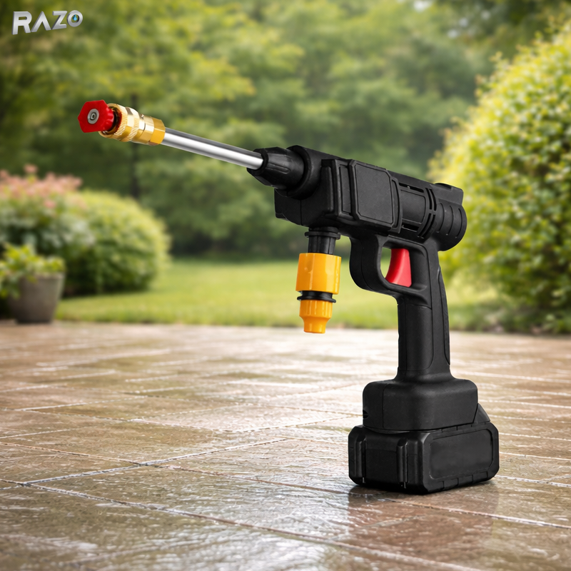 Pistol de spalat portabil cu presiune 2 acumulatori RAZO, Jet apa puternic, Functie spumare, Acumulatori reincarcabili, Multifunctional