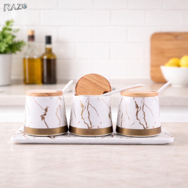 Set 3 recipiente condimente portelan Marble RAZO, Capace bambus, Lingurite, Tava suport, Design marble, Elegante