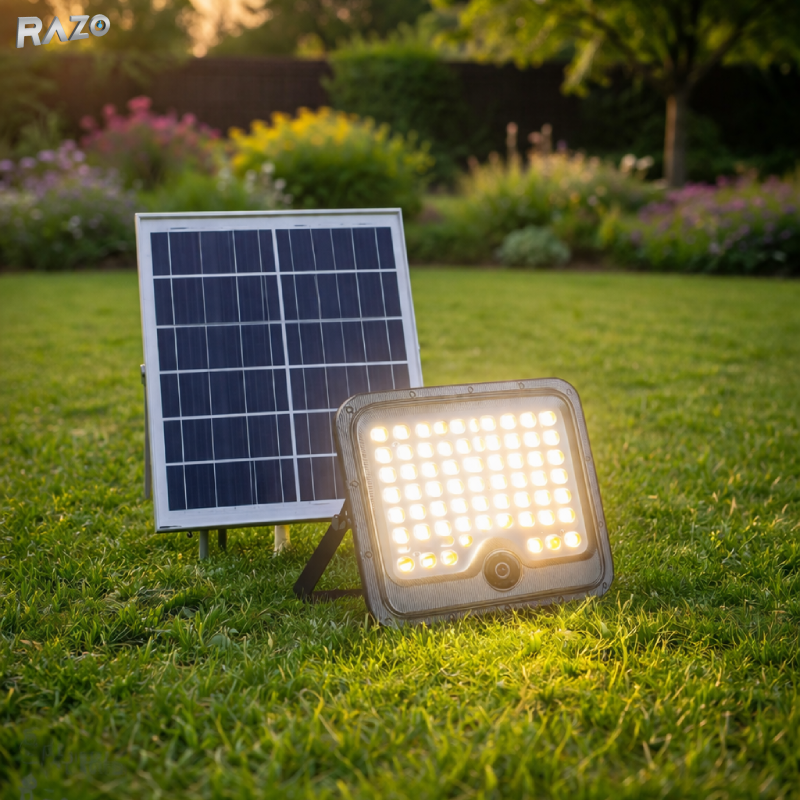 Proiector LED cu incarcare solara 400W RAZO, Telecomanda, IP67, Iluminare puternica exterior, Panou solar separat