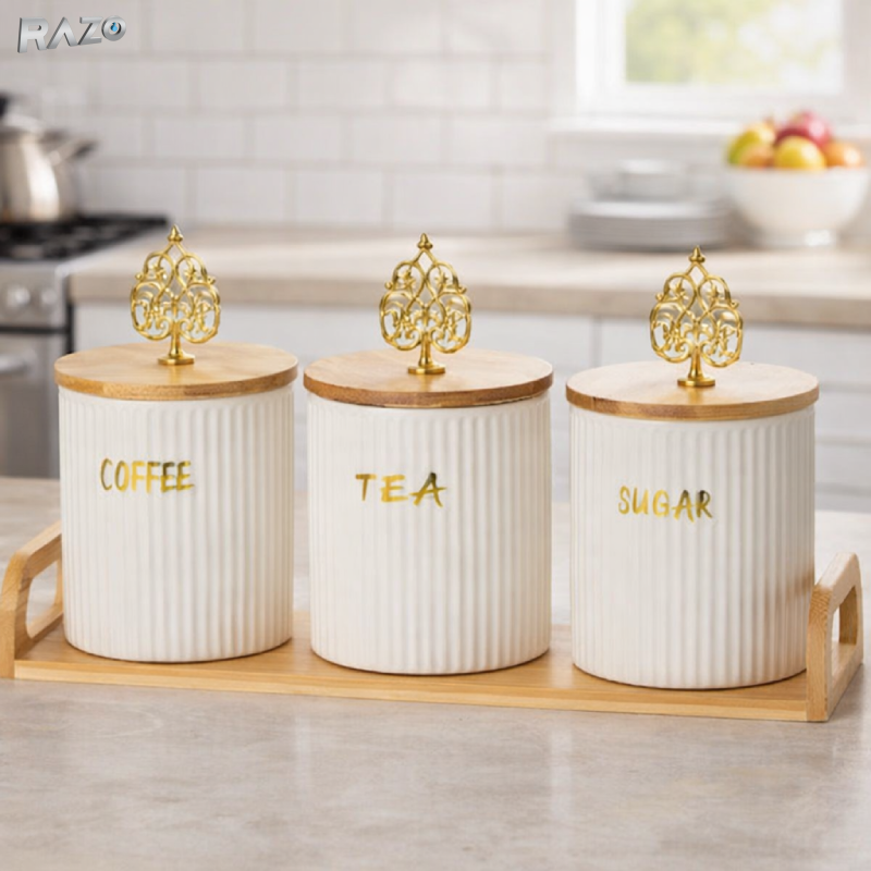 Set 3 recipiente din portelan Baroque RAZO, Capace bambus, Tava inclusa, Design baroque, Elegante