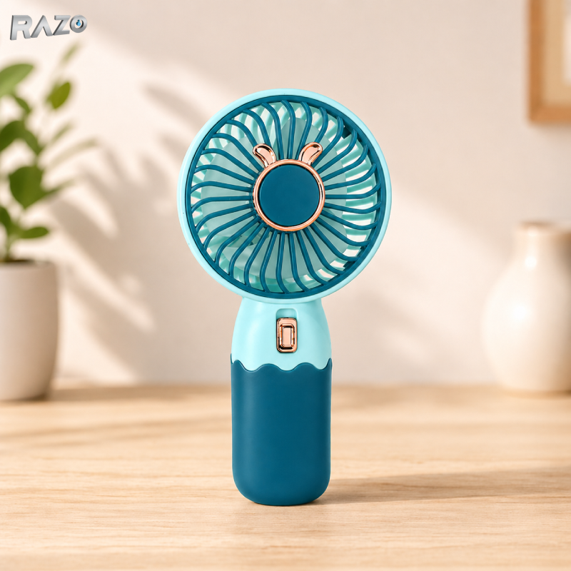 Ventilator mini portabil in 2 culori RAZO, Suport telefon, Reincarcabil, Racire rapida, Design modern, Silentios, Turcoaz-Albastru