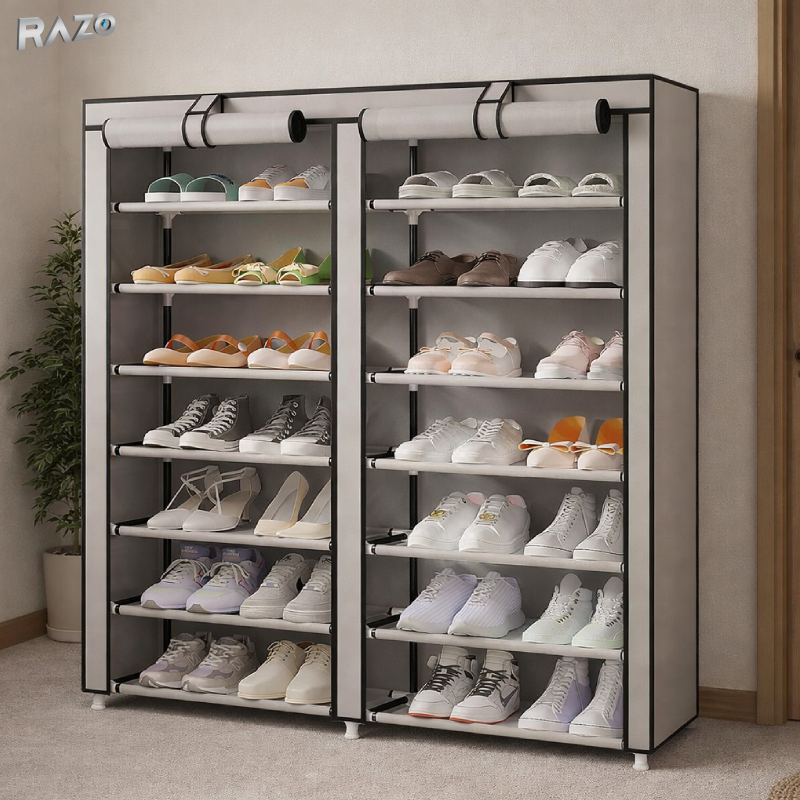 Dulap pantofi dublu cu husa RAZO, 7 niveluri, Capacitate 40kg, Oganizator incaltaminte, Structura metalica rezistenta, Gri