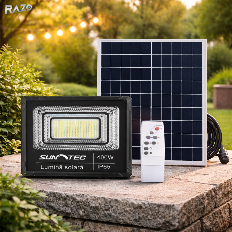 Proiector LED solar 400W model mic, RAZO, IP67, Telecomanda, Iluminat exterior puternic, Panou solar inclus