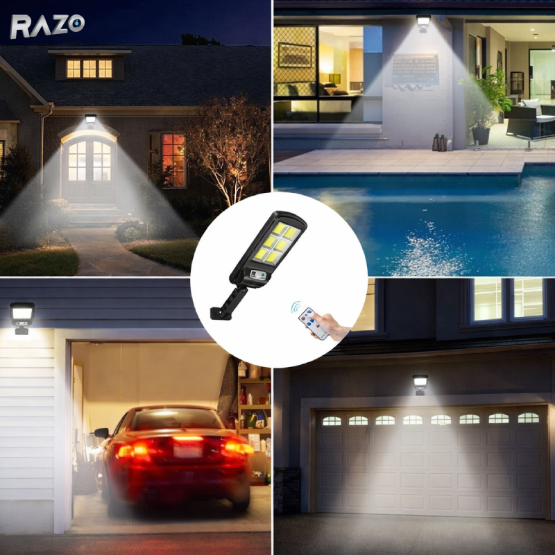 Lampa stradala cu incarcare solara RAZO, 6 leduri, Telecomanda inclusa, LED cu senzor, Iluminat exterior puternic, Rezistenta la intemperii