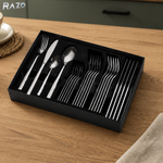 Set tacamuri 24 piese inox premium RAZO, Design elegant, pentru masa zilnica si festiva, Argintiu