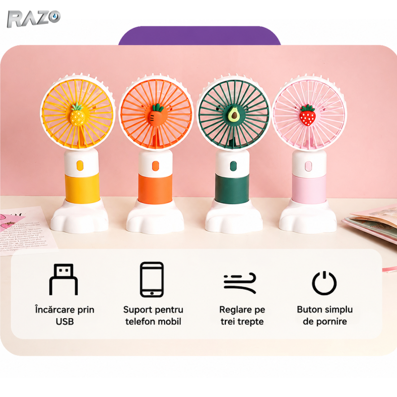 Mini ventilator portabil RAZO, Baterie reincarcabila USB compact, Racorire rapida, Flux de aer constant, Design usor, Silentios, Consum redus, Model fructe