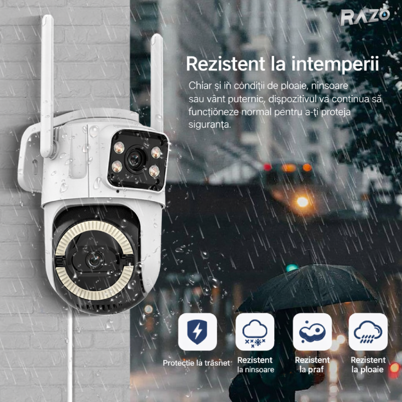 Camera supraveghere IP66 WiFi 6MP RAZO, Exterior interior, Vedere nocturna color, Detectie miscare, Tracking uman, Audio bidirectional, Rezistenta, Monitorizare telefon