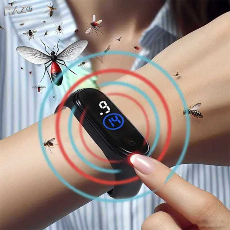 Bratara anti tantari cu ultrasunete si ceas digital RAZO, Reincarcabila USB, Rezistenta la apa, Design unisex, Reglabil pentru adulti si copii