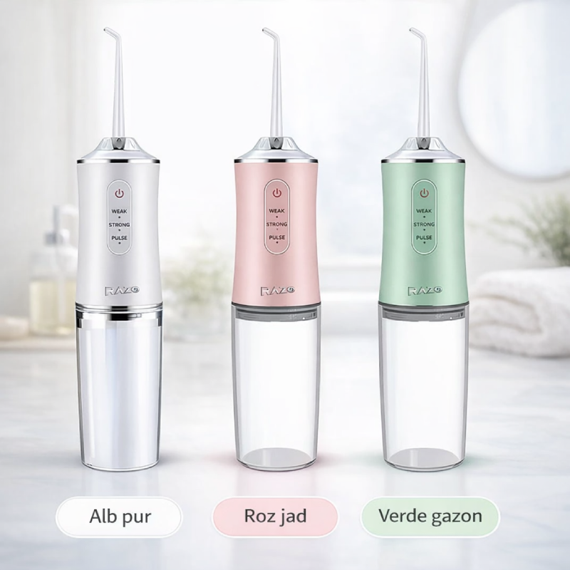 Irigator oral portabil RAZO DentaFresh, Reincarcabil USB, Rezervor 220 ml, 3 moduri curatare, Presiune 100 PSI, IPX7