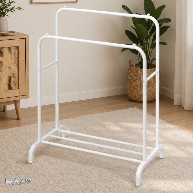 Suport metalic dublu pentru umerase RAZO, 2 bare pentru haine, 1 raft inferior, Capacitate 48 kg, Design modern pentru dormitor, dressing, 120x45x160 cm, Alb