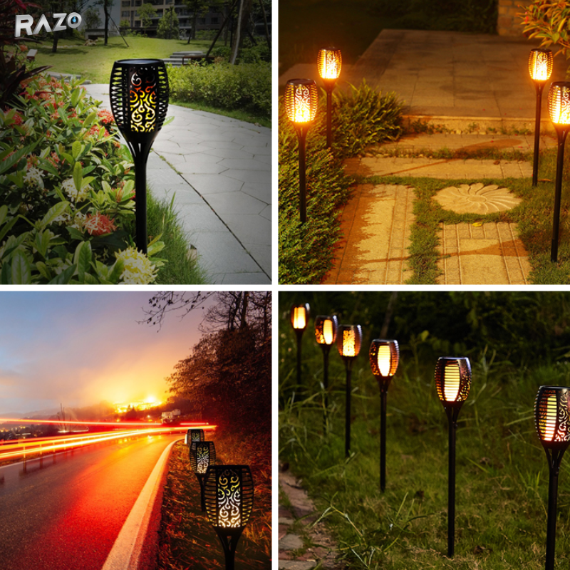 Set 4 lampi solare LED tip flacara RAZO, Iluminat decorativ exterior, Senzor lumina, IP65, Energie solara, 51,5x10x10 cm