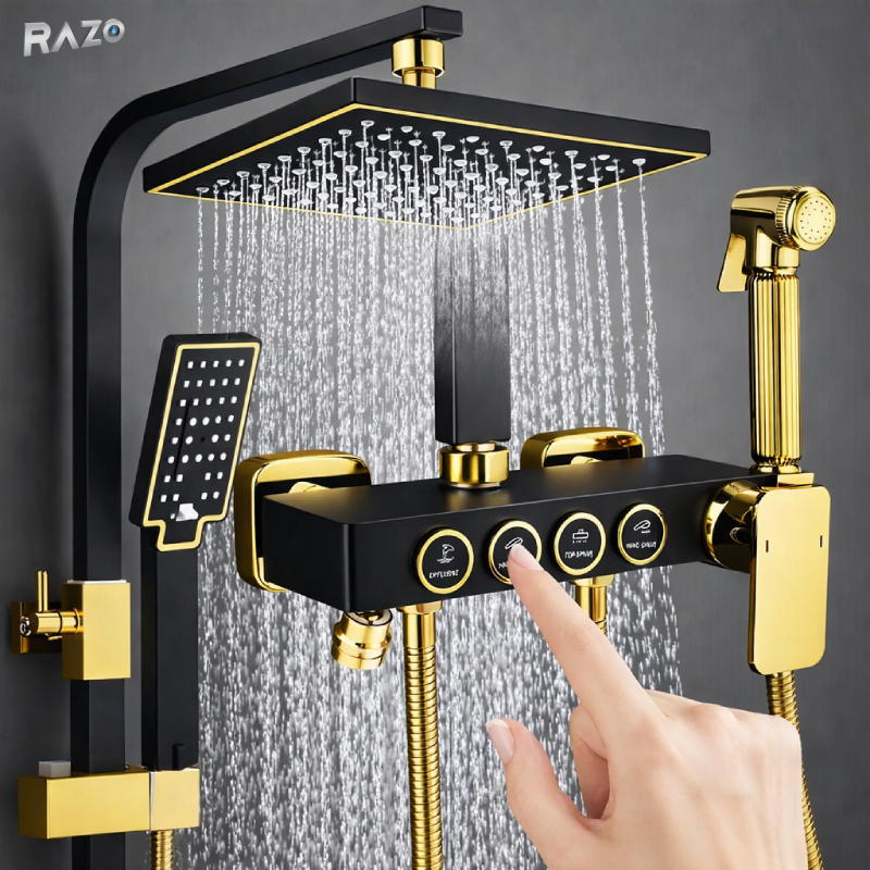 Set dus cu butoane aurii RAZO, 4 functii, Para dus si cap tip ploaie 30 cm, Montare pe perete, Presiune ridicata
