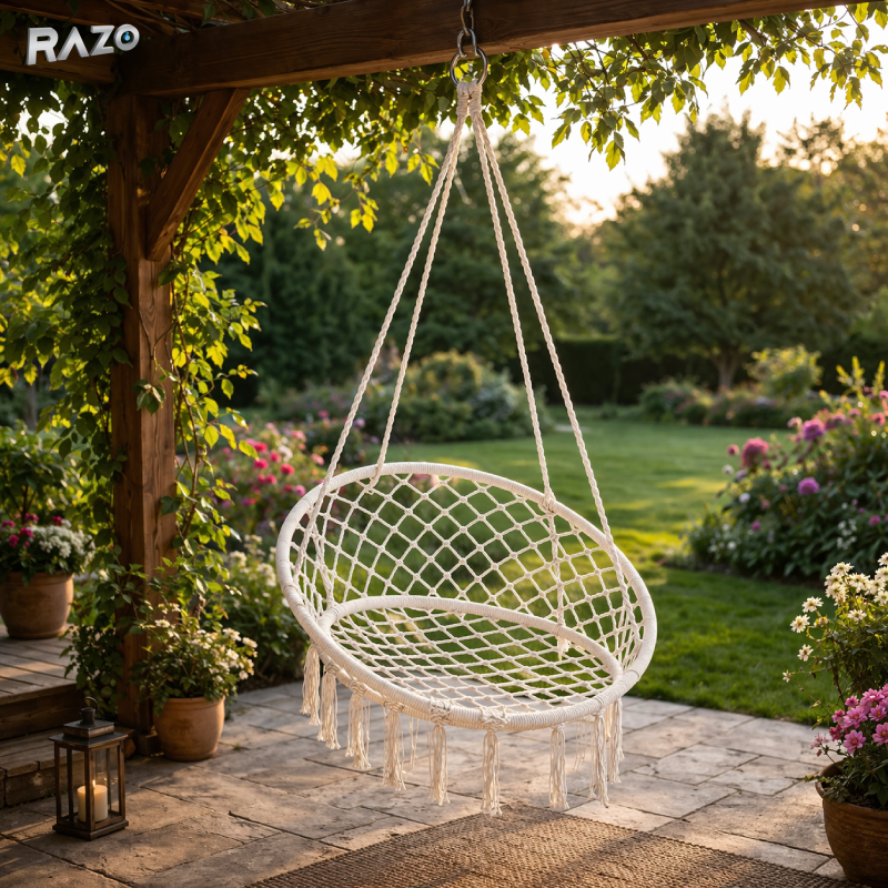 Leagan suspendat tip macrame RAZO, interior/exterior, scaun relaxare, suport 150 kg, 80x60x120 cm